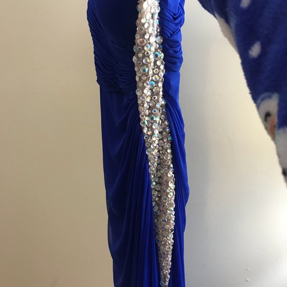 Blue formal dress w rhinestone side panel & split - Picture 3 of 4